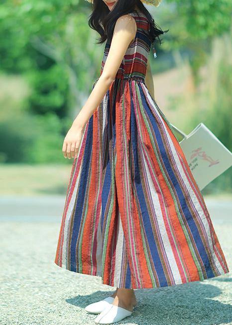 Modern Multicolor Striped Linen Dress O Neck Drawstring a Line Summer Dresses
