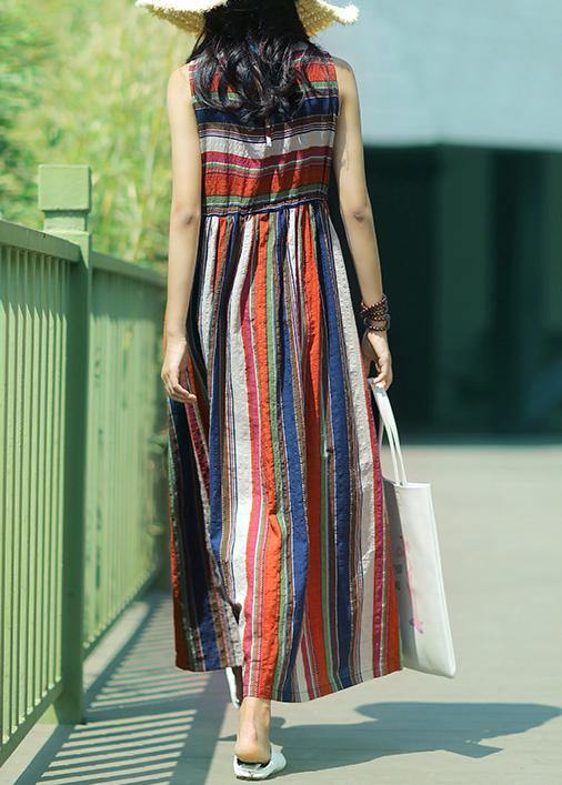Modern Multicolor Striped Linen Dress O Neck Drawstring a Line Summer Dresses