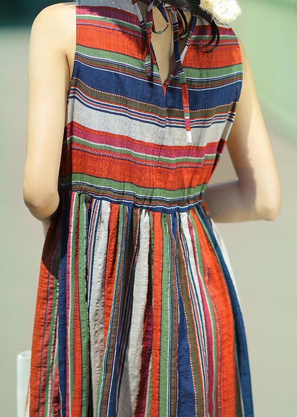 Modern Multicolor Striped Linen Dress O Neck Drawstring a Line Summer Dresses