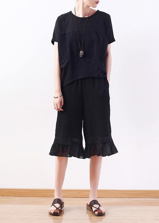 Modern O Neck Batwing Sleeve Cotton Tunic Sewing Black Shirt