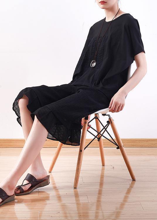 Modern O Neck Batwing Sleeve Cotton Tunic Sewing Black Shirt