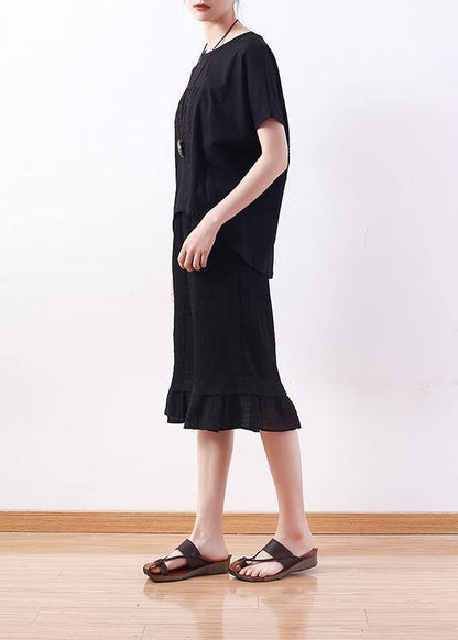 Modern O Neck Batwing Sleeve Cotton Tunic Sewing Black Shirt