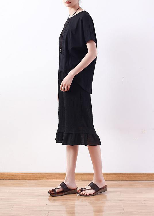 Modern O Neck Batwing Sleeve Cotton Tunic Sewing Black Shirt