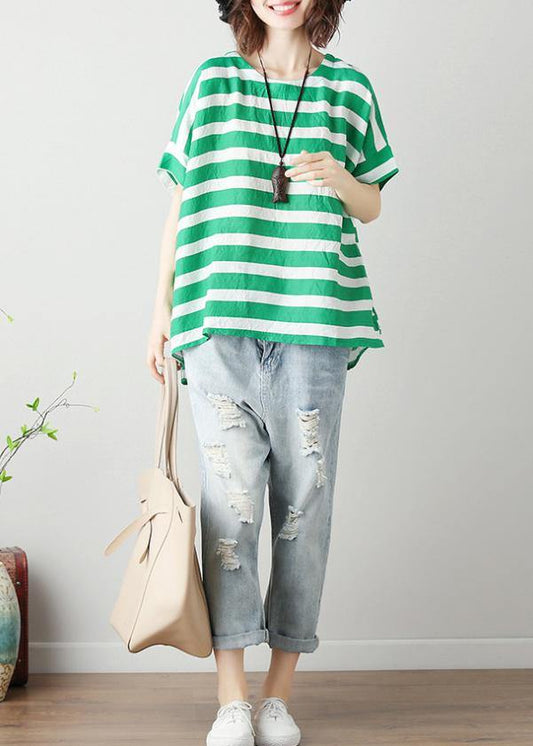 Modern O Neck Batwing Sleeve Cotton Linen Tops Blouses Christmas Gifts Green Striped Blouses