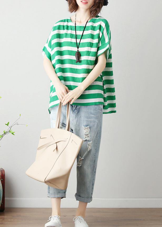 Modern O Neck Batwing Sleeve Cotton Linen Tops Blouses Christmas Gifts Green Striped Blouses