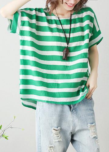 Modern O Neck Batwing Sleeve Cotton Linen Tops Blouses Christmas Gifts Green Striped Blouses