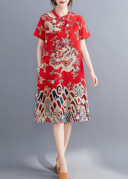 Modern O Neck Chinese Button Tunic Dress Pattern Red Dragon Pattern Dresses