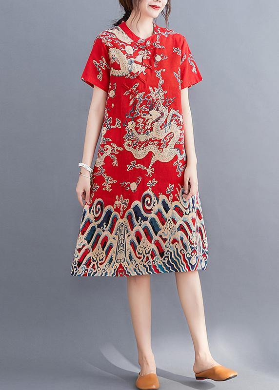 Modern O Neck Chinese Button Tunic Dress Pattern Red Dragon Pattern Dresses