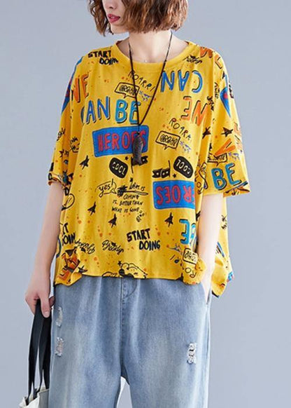 Modern O Neck Letter Cotton Clothes for Pattern Yellow Tops