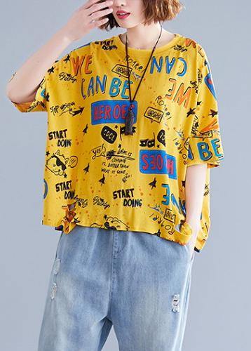 Modern O Neck Letter Cotton Clothes for Pattern Yellow Tops