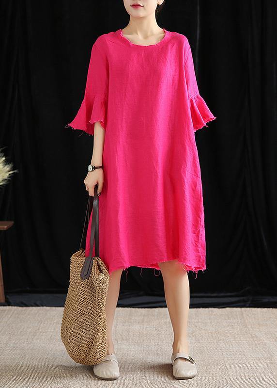 Modern O Neck Petal Sleeve Cotton Linen Clothes Runway Rose Dress