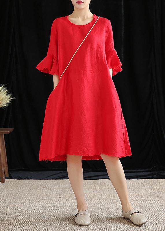 Modern O Neck Petal Sleeve Cotton Linen Clothes Runway Rose Dress