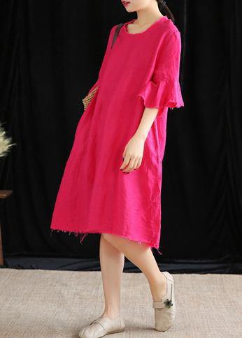 Modern O Neck Petal Sleeve Cotton Linen Clothes Runway Rose Dress