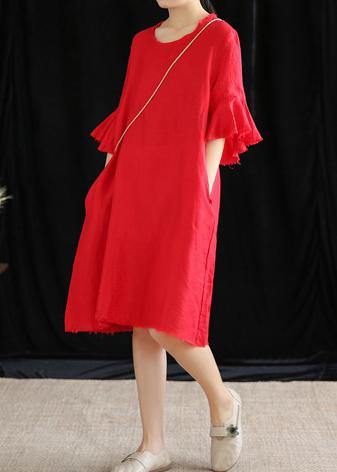 Modern O Neck Petal Sleeve Cotton Linen Clothes Runway Rose Dress