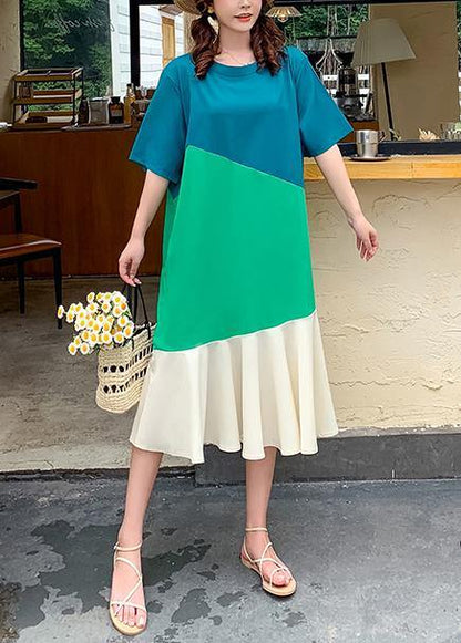 Modern O Neck Ruffles Clothes Runway Green Patchwork Art Dress