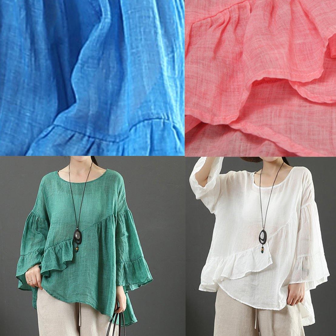 Modern O Neck Ruffles Linen Summer Clothes for Cotton Blue Tops
