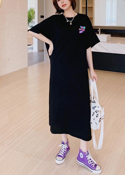 Modern O Neck Tunics Shirts Black Cartoon Print Maxi Dresses