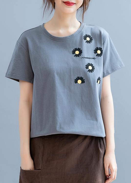 Modern O Neck Clothes for Design Gray Daisy Print Shirt