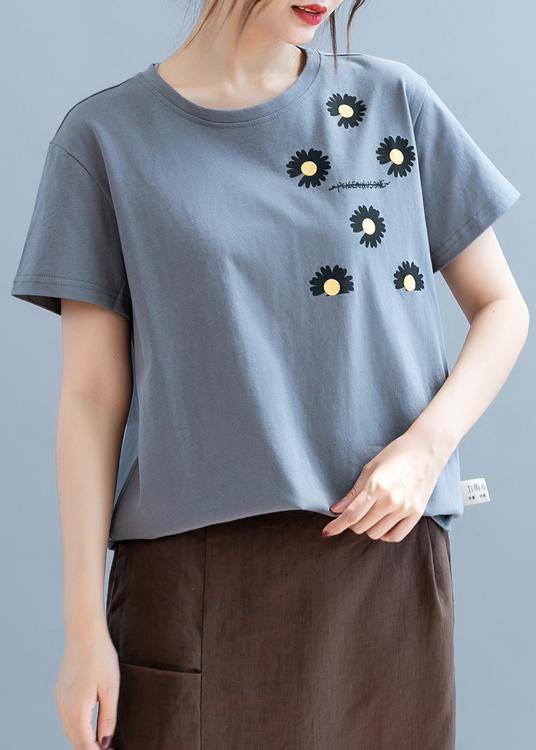 Modern O Neck Clothes for Design Gray Daisy Print Shirt