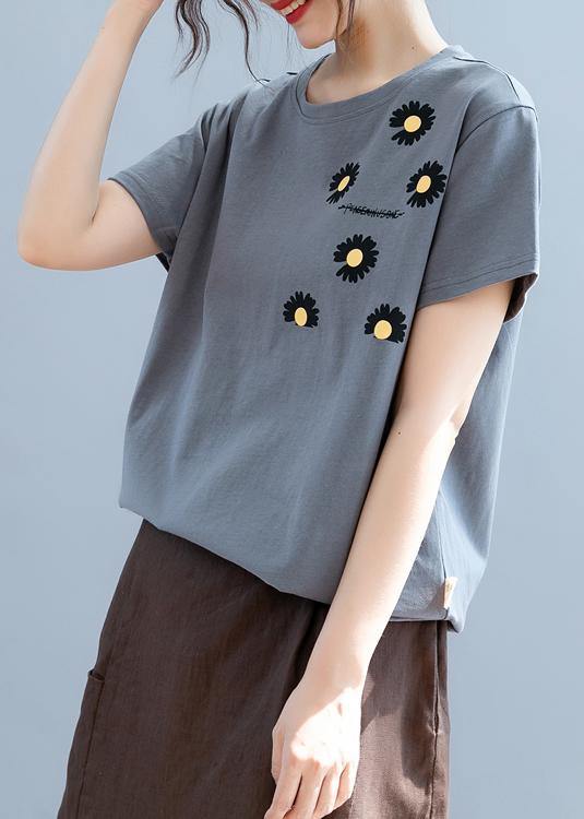 Modern O Neck Clothes for Design Gray Daisy Print Shirt