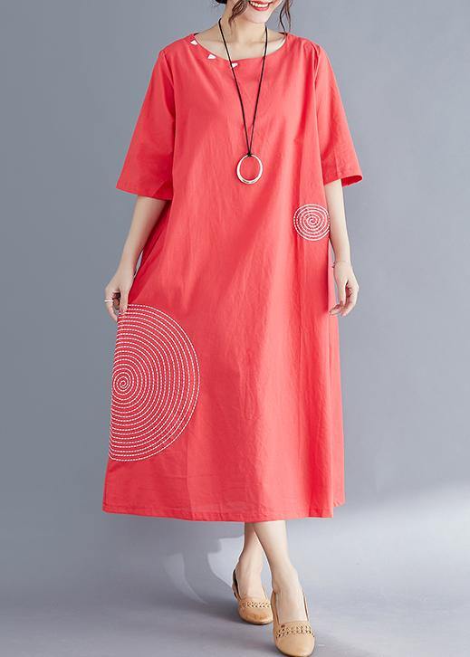 Modern O Neck Embroidery Cotton Tunic Top Work Outfits Red Maxi Dresses Summer