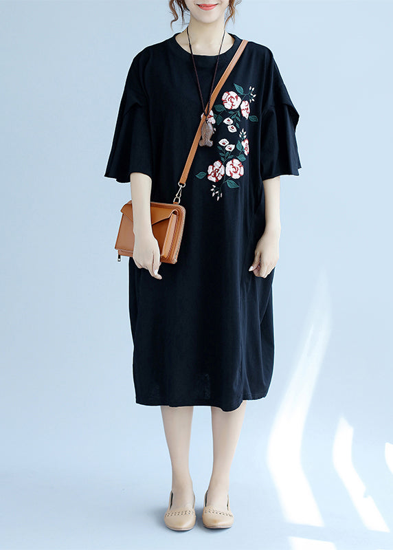 Modern O Neck Embroidery Linen Clothes Online Shopping Black Long Dresses Summer