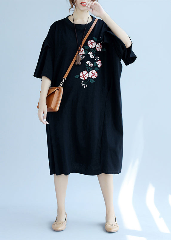 Modern O Neck Embroidery Linen Clothes Online Shopping Black Long Dresses Summer
