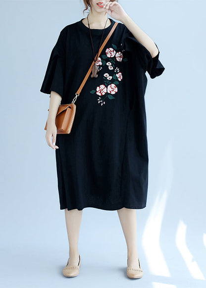Modern O Neck Embroidery Linen Clothes Online Shopping Black Long Dresses Summer