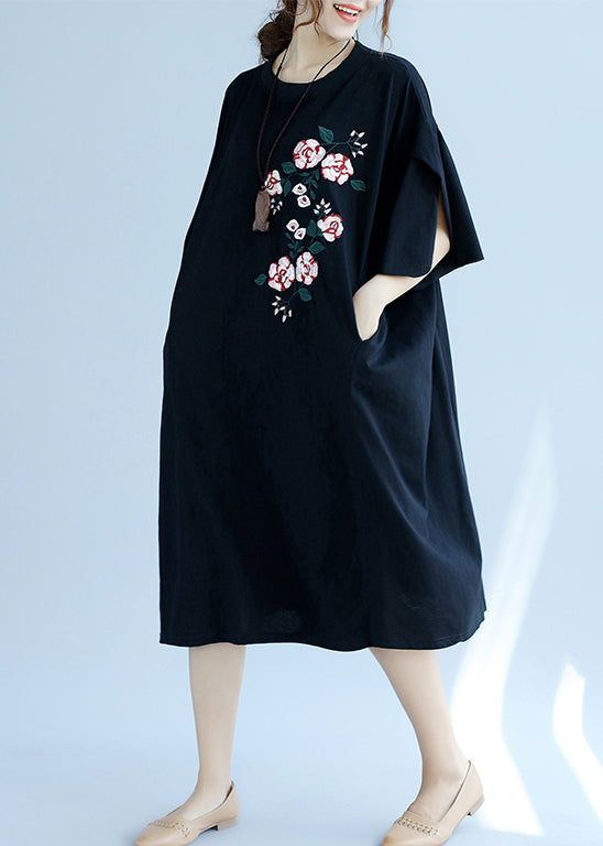 Modern O Neck Embroidery Linen Clothes Online Shopping Black Long Dresses Summer