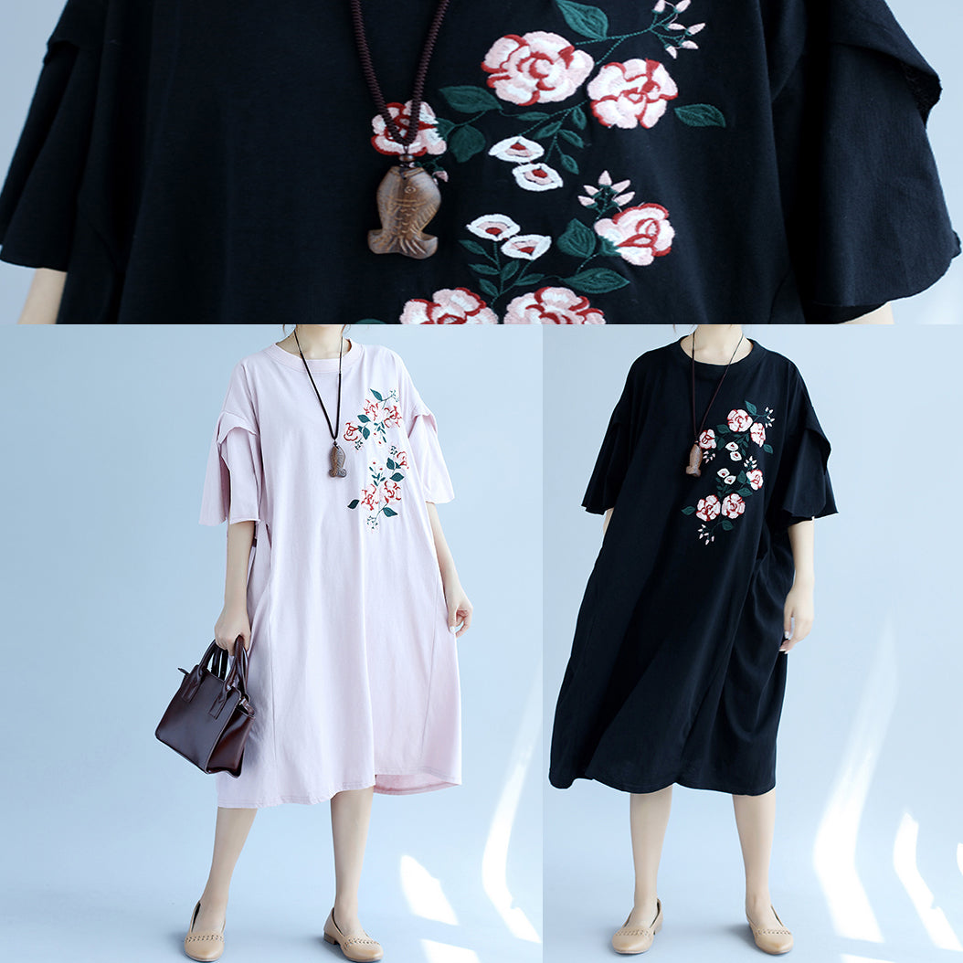 Modern O Neck Embroidery Linen Clothes Online Shopping Black Long Dresses Summer