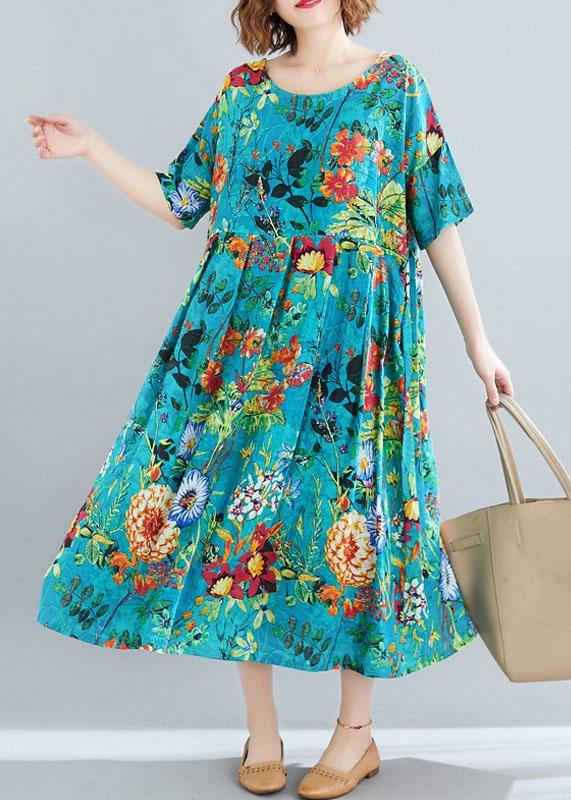 Modern O Neck Extra Large Hem Linen Cotton Summer Robes Runway Blue Print Dresses
