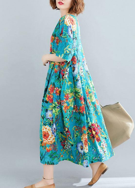 Modern O Neck Extra Large Hem Linen Cotton Summer Robes Runway Blue Print Dresses