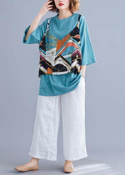 Modern O Neck False Two Pieces Cotton Shirts Blue Print Summer
