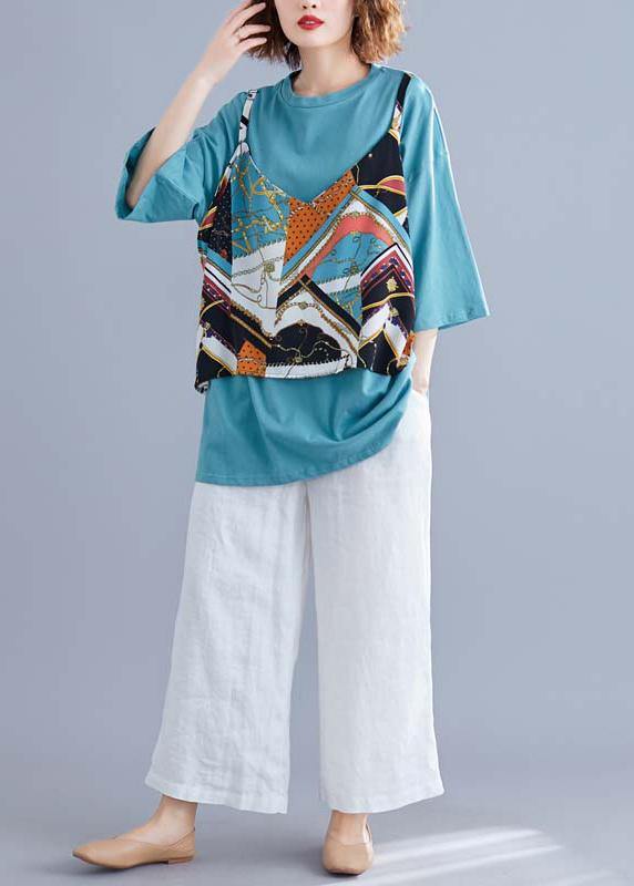 Modern O Neck False Two Pieces Cotton Shirts Blue Print Summer