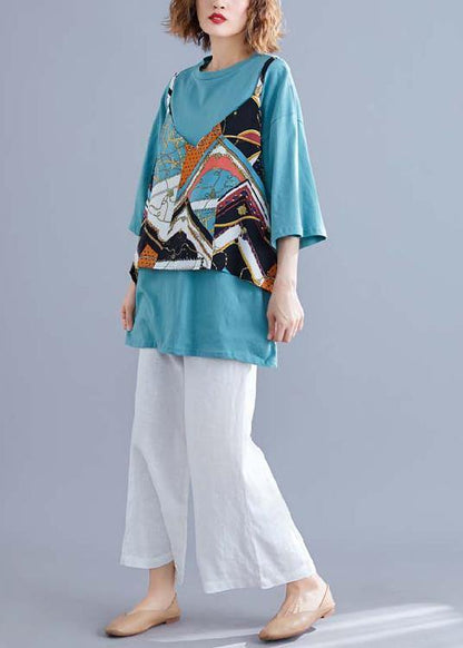 Modern O Neck False Two Pieces Cotton Shirts Blue Print Summer