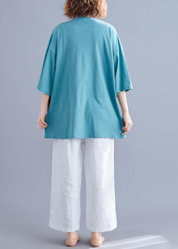 Modern O Neck False Two Pieces Cotton Shirts Blue Print Summer