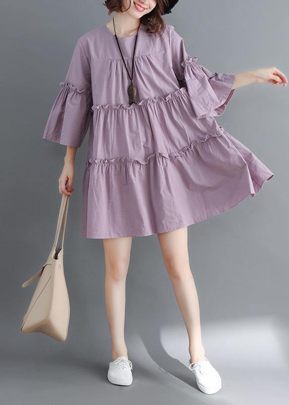 Modern O Neck Flare Sleeve Cinched Cotton Photography Purple Dress Summer