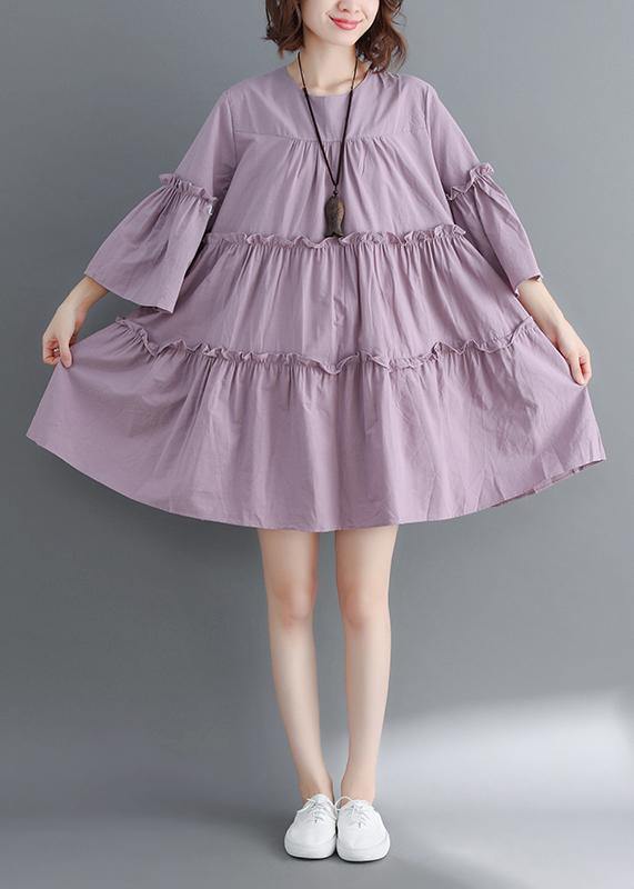Modern O Neck Flare Sleeve Cinched Cotton Photography Purple Dress Summer