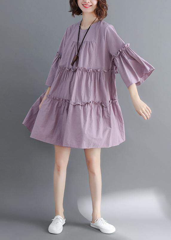 Modern O Neck Flare Sleeve Cinched Cotton Photography Purple Dress Summer