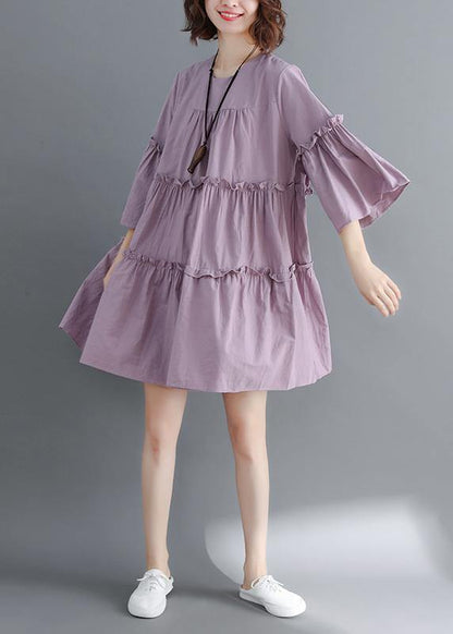 Modern O Neck Flare Sleeve Cinched Cotton Photography Purple Dress Summer