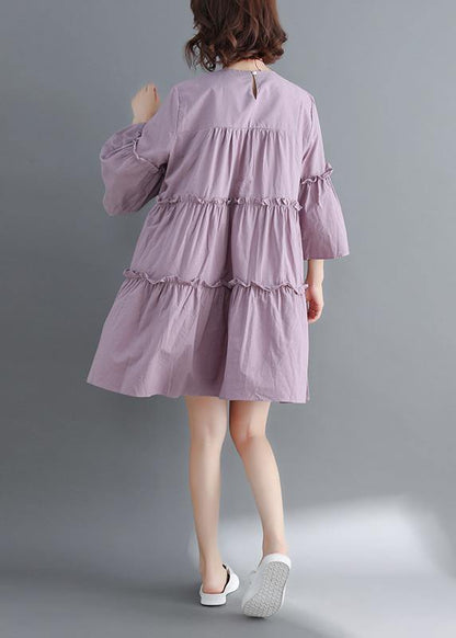 Modern O Neck Flare Sleeve Cinched Cotton Photography Purple Dress Summer