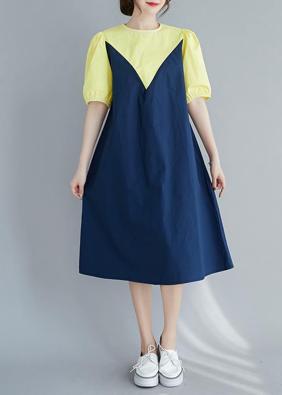 Modern O Neck Lantern Sleeve Cotton Summer Yellow Dresses