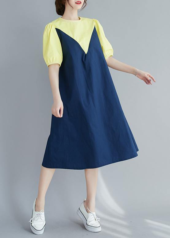 Modern O Neck Lantern Sleeve Cotton Summer Yellow Dresses