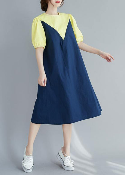 Modern O Neck Lantern Sleeve Cotton Summer Yellow Dresses