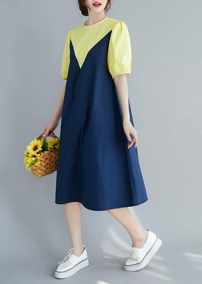 Modern O Neck Lantern Sleeve Cotton Summer Yellow Dresses