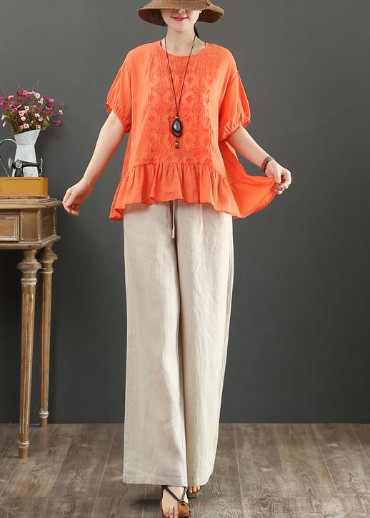 Modern O Neck Linen Clothes Work Outfits Orange Embroidery Top