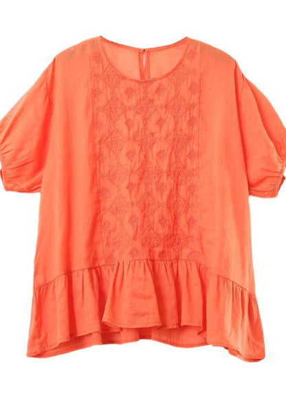 Modern O Neck Linen Clothes Work Outfits Orange Embroidery Top