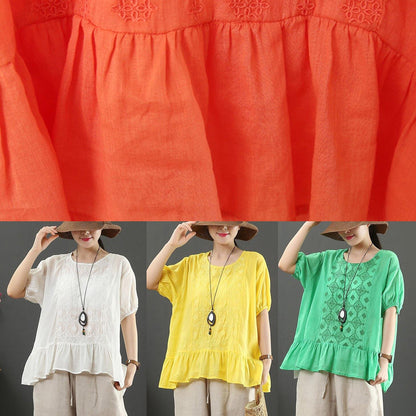 Modern O Neck Linen Clothes Work Outfits Orange Embroidery Top
