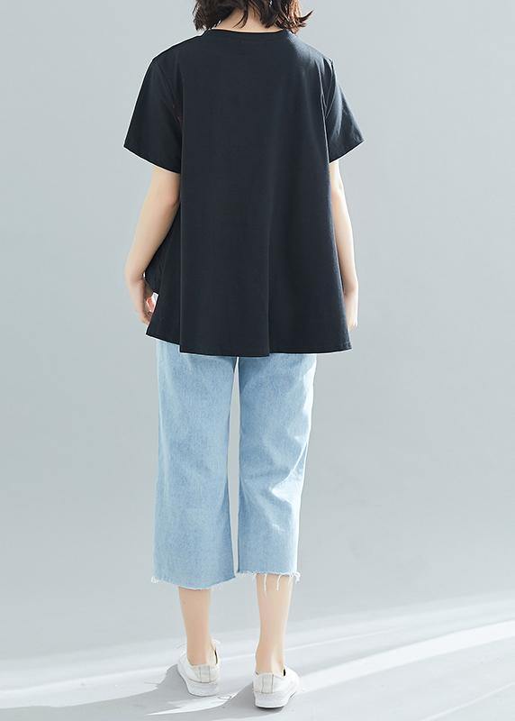 Modern O Neck Patchwork Cotton Clothes for Design Black Loose Blouses Summer