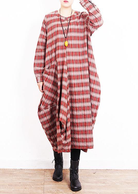 Modern O Neck Patchwork Cotton Quilting Dresses Work Red Plaid Art Dress